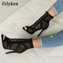 Load image into Gallery viewer, Black Summer Lace Up Cross-tied Peep Toe High Heel