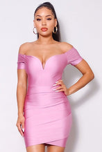 Load image into Gallery viewer, Off Shoulder V Front Gathered Bodycon Mini Dress
