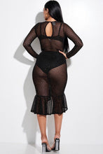 Load image into Gallery viewer, Embellished Burnout Mesh Long Sleeve Mermaid Midi Dress With Panty Lining
