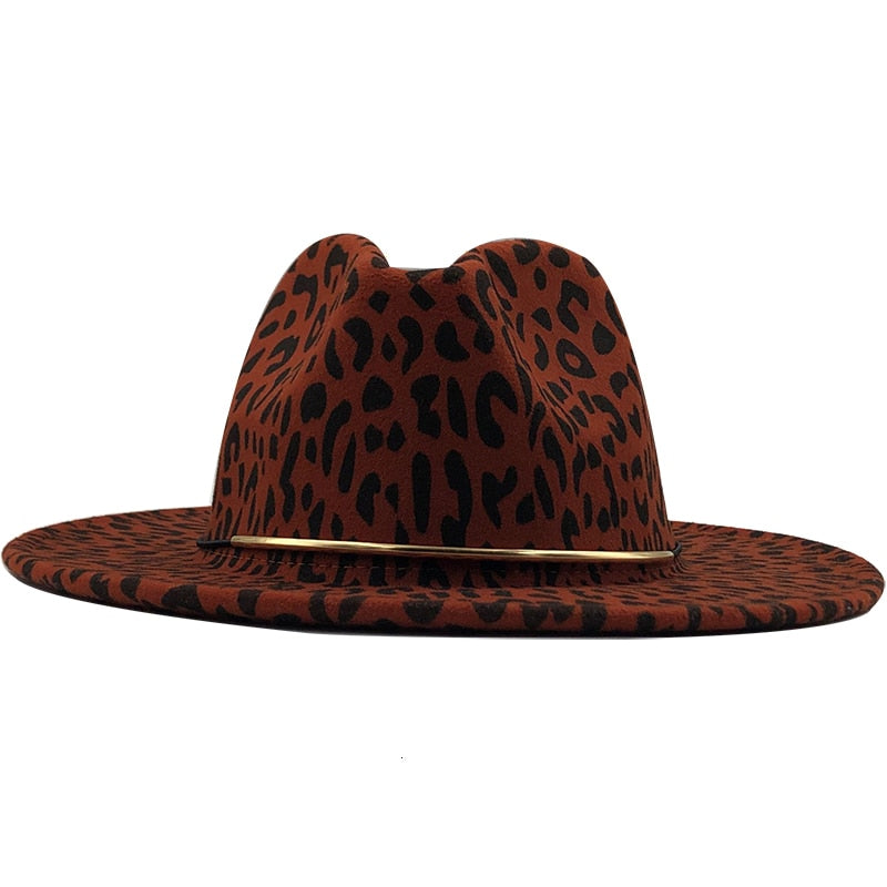 Unisex Flat Brim Wool Felt Jazz Leopard Print Fedora Hat